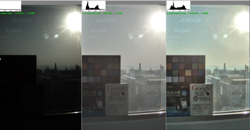 左图是原始图片，中间图是平台HDR处理图片，右图是Sensor自带HDR