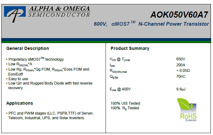 AOK050V60A7 αMOS7 SJ MOSFET