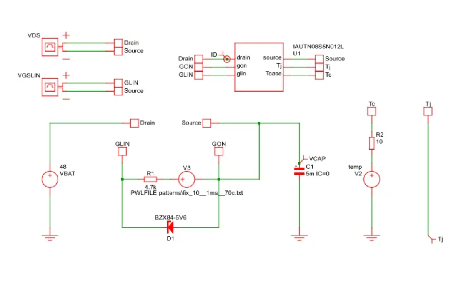 雙門極MOSFET充電電路仿真波形 @ 5mF, 48V(固定脈衝寬度)