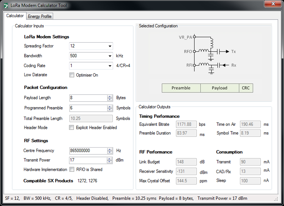 用於 LoRa 性能評估的 Calculator 和 Energy Profile g工具打開時的界面